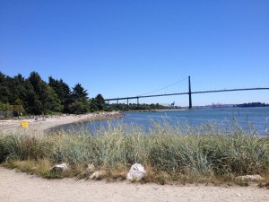 The majestic Lion's Gate Bridge, view from Ambleside Beach, North Vacouver